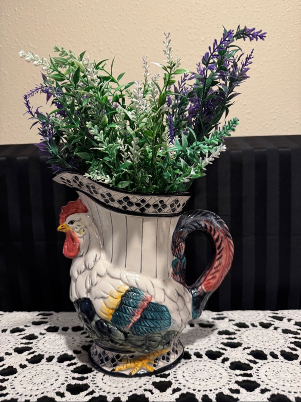 White Ceramic Rooster Pitcher Vase with Multicolor Accents